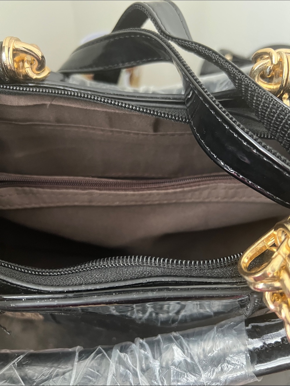 Black Sequin Patent Leather Top-Handle Bag - Picture 2 of 5